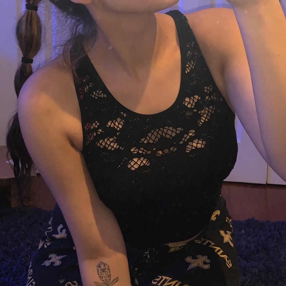 One size black lace top half racerback tank top